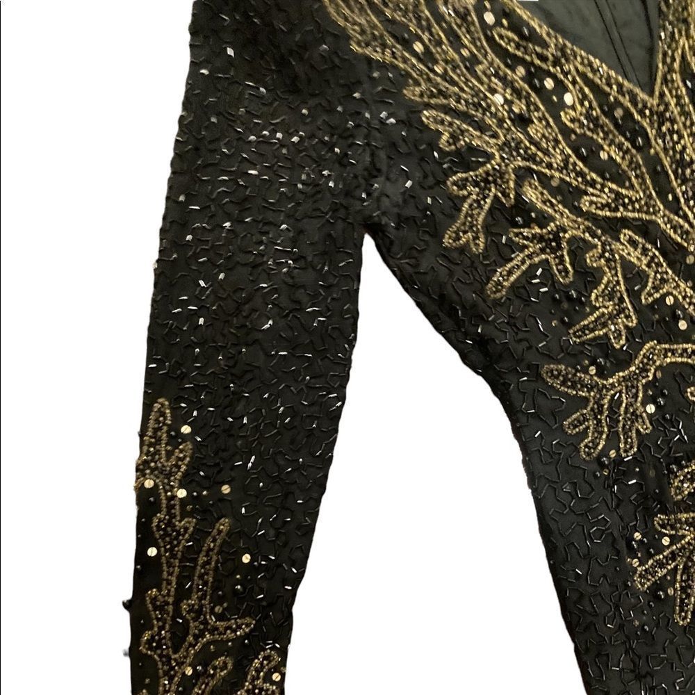 Vintage Swee Lo black and gold sparkling shimmery  sequin evening gown w/ split - Picture 6 of 13